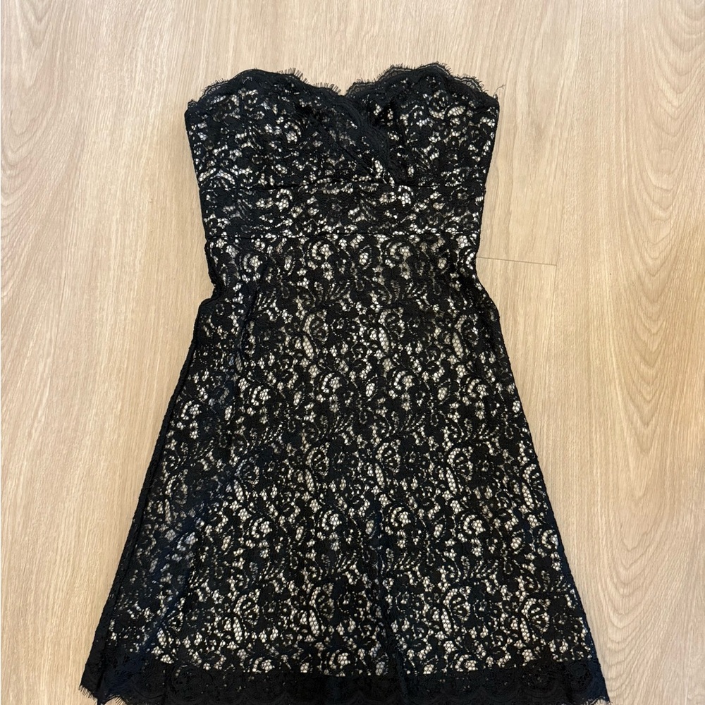 White House Black Market Black and Cream Lace Strapless Dress